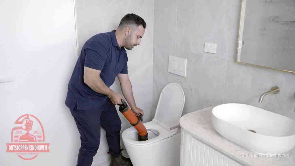 Een man gebruikt een handmatige luchtdruk-ontstopper in een modern betegeld toilet om zelf de wc te ontstoppen in Eindhoven Een man gebruikt een handmatige luchtdruk-ontstopper in een modern betegeld toilet om zelf de wc te ontstoppen in Eindhoven